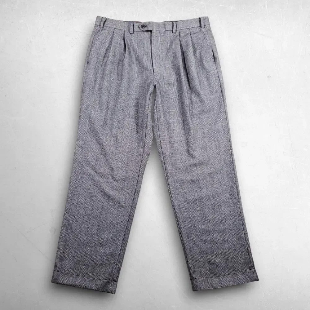 Lauren Ralph Lauren Wool Pleated Cuffed Dress Pants Men 36x30 Gray Glen Plaid